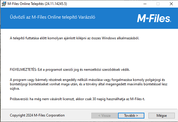  Útmutató M-Files demo verzió telepítéséhez